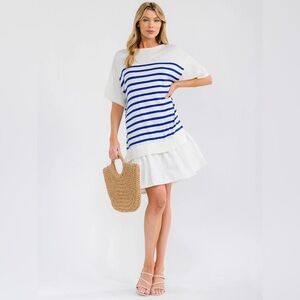 049 • Parisienne Chic Luxe White and Blue Striped Dress